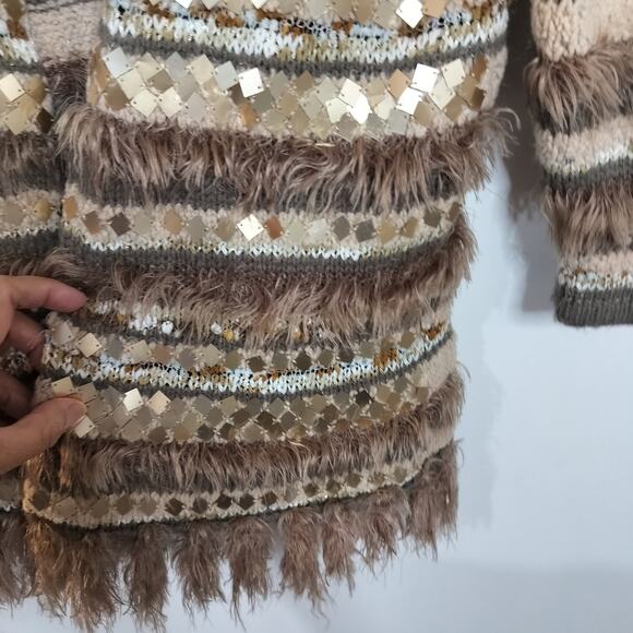 4535)Chico's Greta Mirror Fringe Neutral Combo Open Front Cardigan Sz 0/Small - Picture 6 of 8